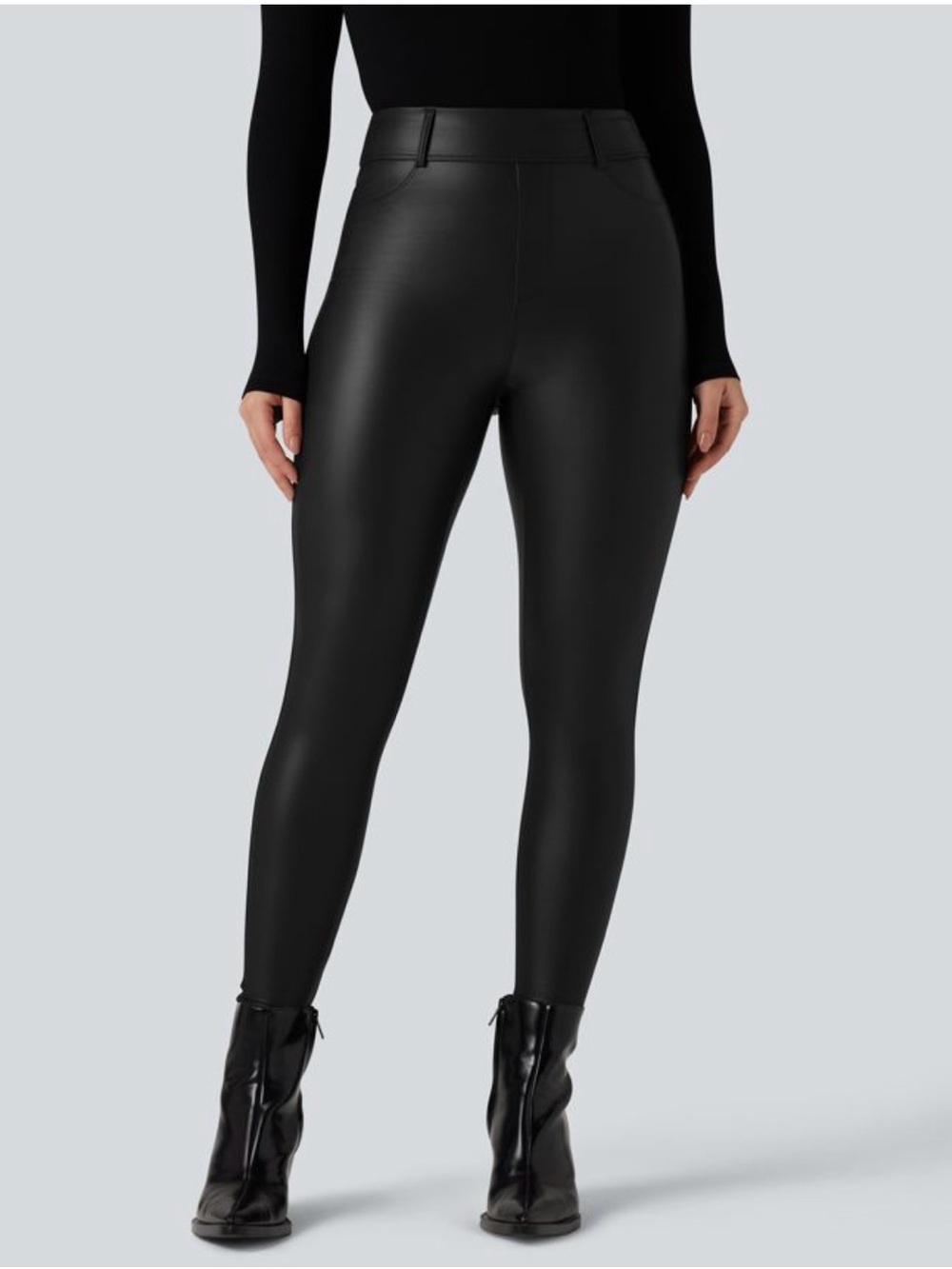 NWT HALARA Black High Waisted Stretchy PU Fleece Casual Leggings with Pockets